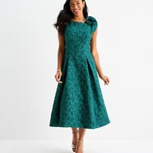 Brianna Melay Emerald Green A-Line Midi Dress with Shoulder Rosette sz 14 NWT